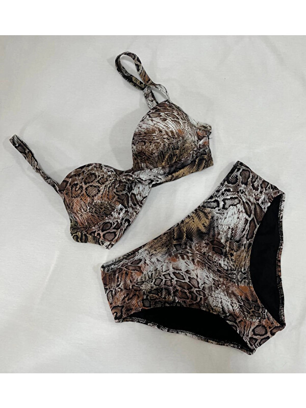 Hazelin Kadın Kahverengi Leopar Desenli Astarlı Büyük Beden Bikini Takımı HZL25S-LC25006