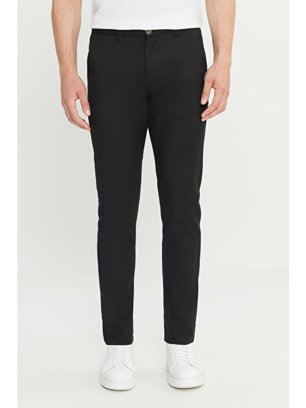 AC&Co / Altınyıldız Classics Erkek Siyah Pamuklu Slim Fit Dar Kesim Armürlü Yan Cepli Casual Pantolon