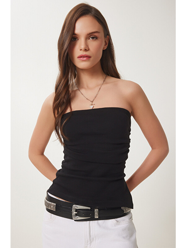 Happiness İstanbul Büzgülü Straplez Örme Bluz SİYAH LNS0037