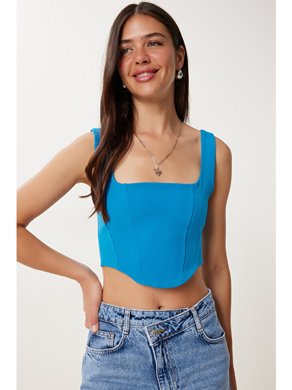 Happiness İstanbul Askılı Crop Dokuma Bluz MAVİ LMX0096