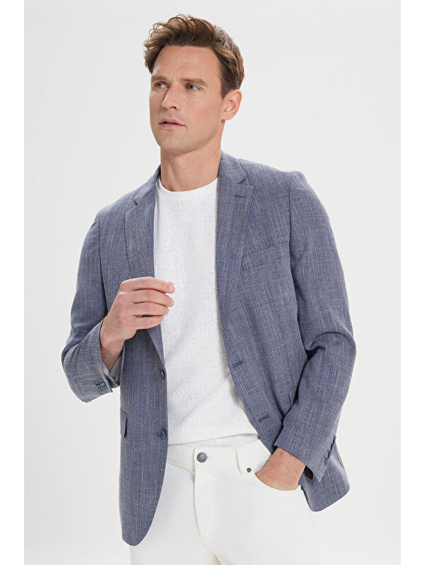 Altınyıldız Classics Erkek Lacivert Comfort Fit Rahat Kesim Mono Yaka Diagonal Desenli Blazer Ceket