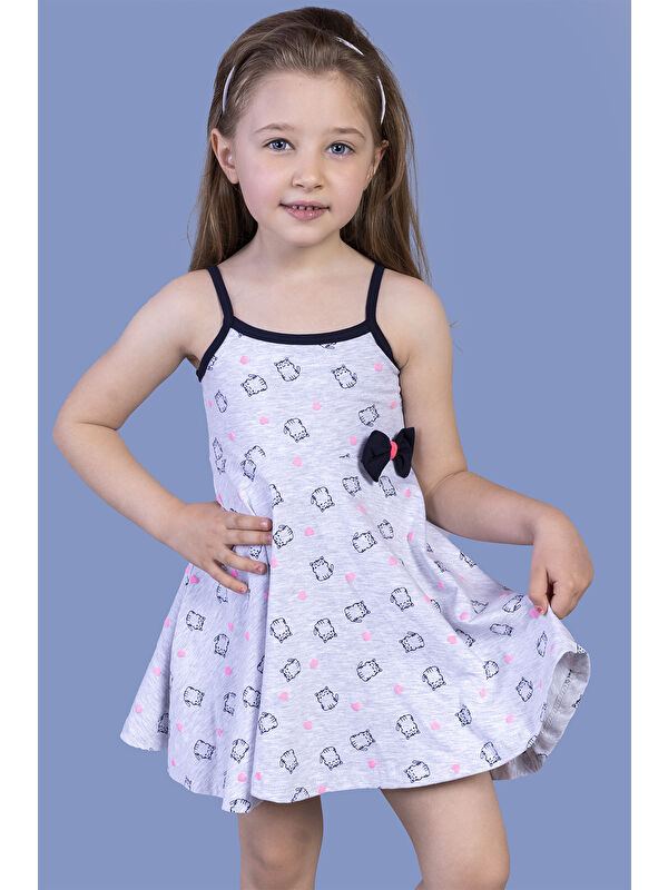 Toontoykids Kız Çocuk Kedi Desenli Fiyonk Detaylı Volanlı Elbise