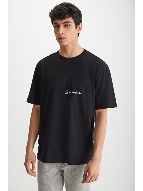 GRIMELANGE KRAVIN Erkek %100 Pamuk Bisiklet Yaka Baskılı SİYAH T-Shirt