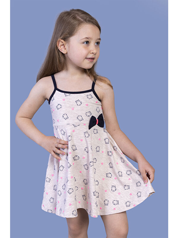 Toontoykids Kız Çocuk Kedi Desenli Fiyonk Detaylı Volanlı Elbise
