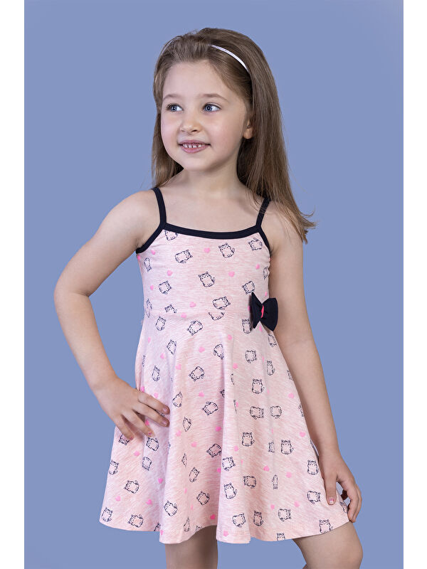 Toontoykids Kız Çocuk Kedi Desenli Fiyonk Detaylı Volanlı Elbise
