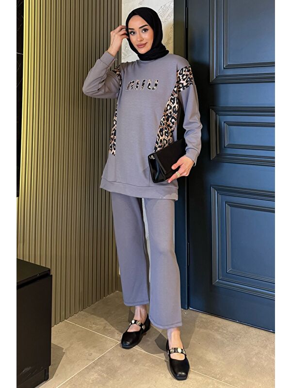 Julude Leopar Desenli Büyük Beden Tunik Pantolon Tesettür İkili Takım