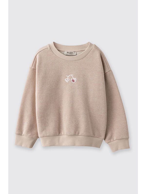 Panço Kız Çocuk Nakışlı Sweatshirt Bej