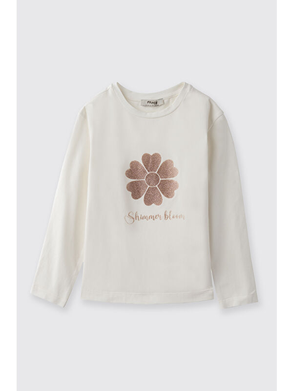 Panço Kız Çocuk Sim Baskılı T-Shirt Ekru