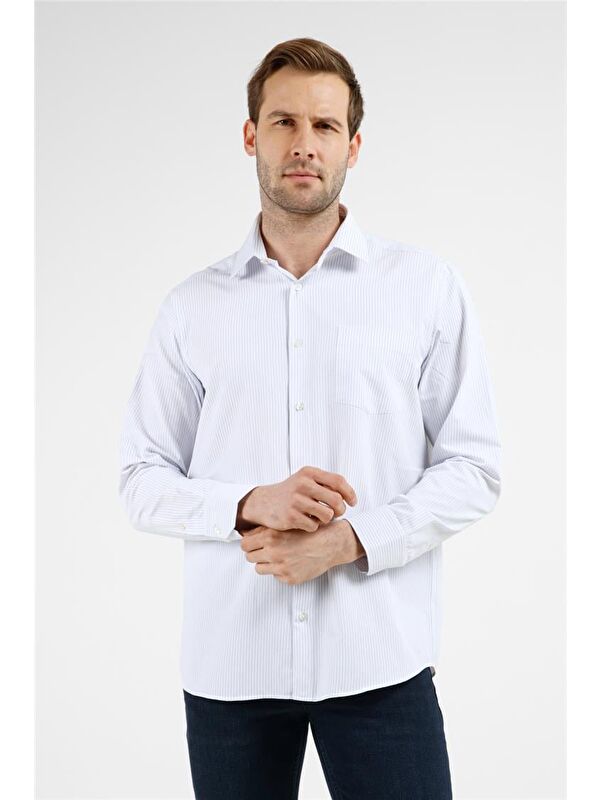 İMZA Beyaz - Mavi Çizgili Desen Sert Yaka Uzun Kol Cepli Comfort Fit Pamuklu Gömlek 1004255208