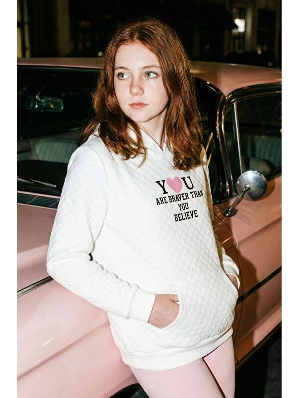 Breeze Kız Çocuk Sweatshirt Kapitone Desenli Kanguru Cepli Ekru (8-14 Yaş)