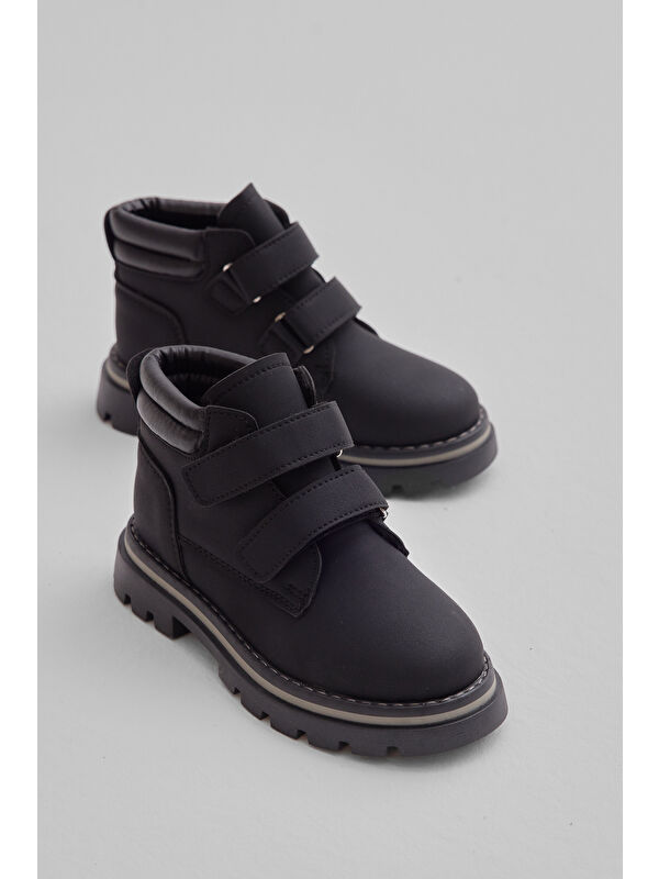 TONNY BLACK Çocuk Unisex Siyah Siyah Kalın Termo Taban Sıcak Astarlı Çift Cırtlı Bot