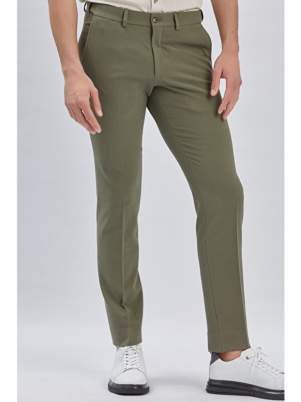 İMZA Koyu Haki Esnek Lastikli Yandan Cepli Casual Slim Fit Ayarlanabilir Kemer Pantolon 1003240162