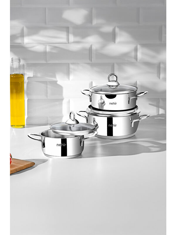 Nehir Silver 6 Parça Paslanmaz Çelik Mini Tencere Seti (12-14-16 cm)