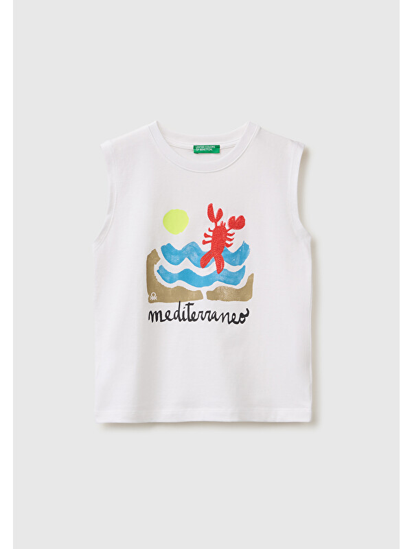 United Colors Of Benetton Erkek Bebek Beyaz Önü Baskı ve İşleme Detaylı Atlet