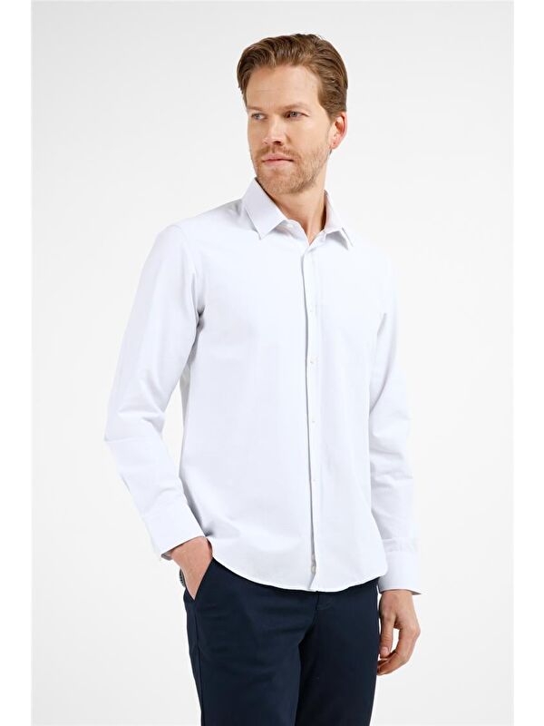İMZA Beyaz - Mavi Kendinden Desenli Sert Yaka Uzun Kol Cepsiz Slim Fit Pamuklu Gömlek 1004255216