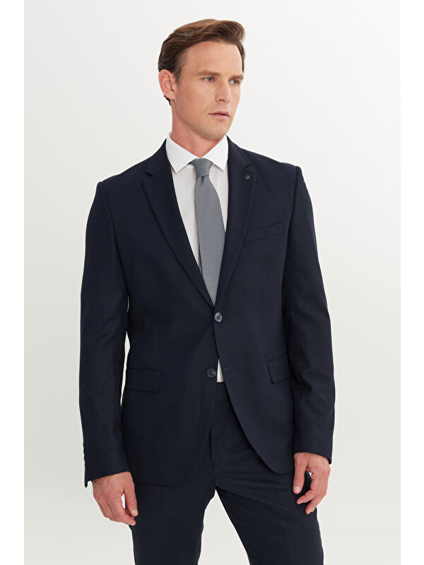 Altınyıldız Classics Erkek Lacivert Slim Fit Dar Kesim Mono Yaka Armürlü Esnek Takım Elbise