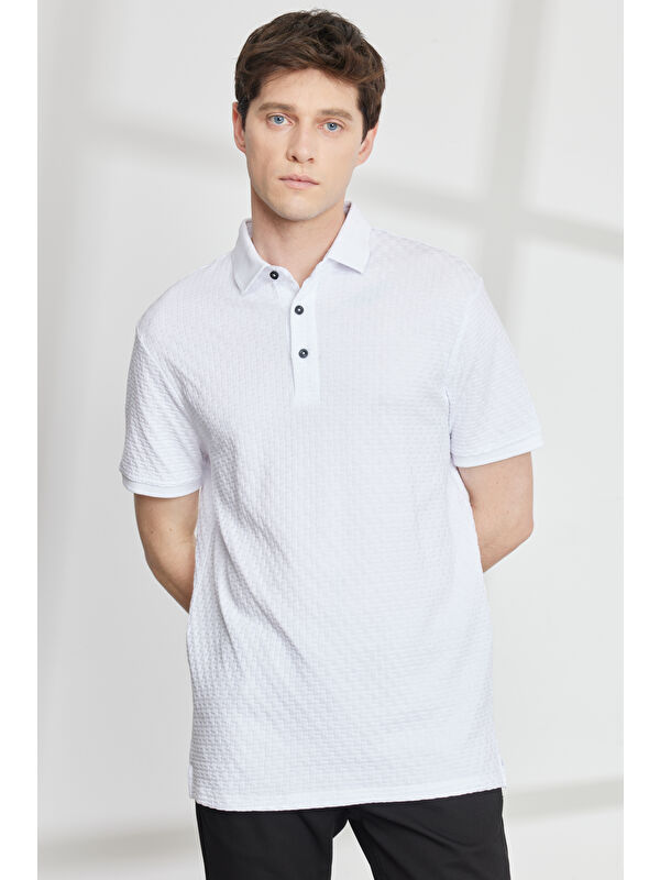 Altınyıldız Classics Erkek Beyaz Slim Fit Dar Kesim Polo Yaka Jakarlı Kısa Kollu Tişört