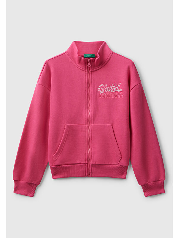 United Colors Of Benetton Kız Çocuk Pembe Önü Logo Nakışlı Cepli Fermuarlı Dik Yaka Sweatshirt