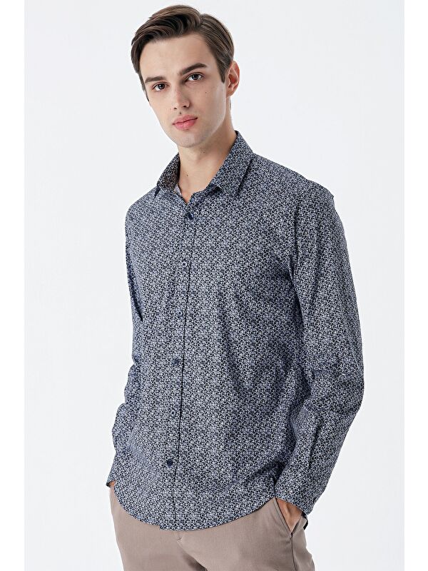 İMZA Koyu Lacivert Uzun Kollu Cepsiz Pamuklu Elastanlı Klasik Slim Fit Gömlek 1004235127