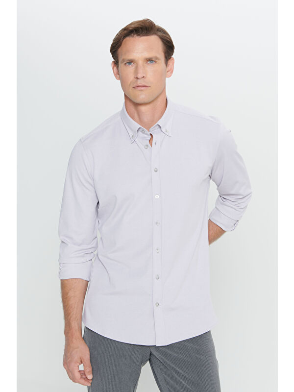 AC&Co / Altınyıldız Classics Erkek Gri Comfort Fit Geniş Kesim Düğmeli Yaka Pamuklu Gömlek