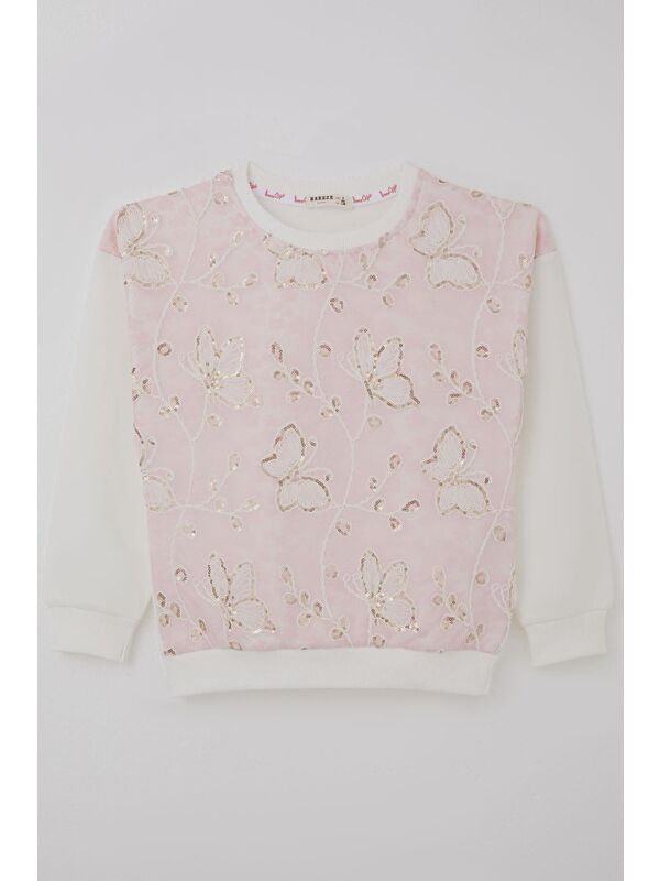 Breeze Kız Çocuk Sweatshirt Pullu Kelebek İşlemeli Tülü Çiçek Detaylı Pembe (8-12 Yaş)