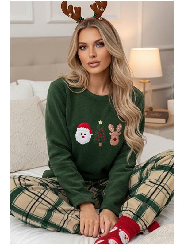 Siyah İnci yeşil ekose desenli Nakışlı Büyük Beden Polar Kışlık Örme Pijama Takım
