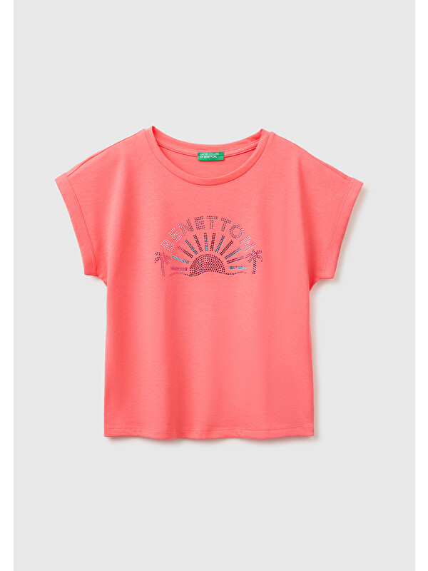 United Colors Of Benetton Kız Çocuk Mercan Renkli Taş Detaylı Bisiklet Yaka T-Shirt