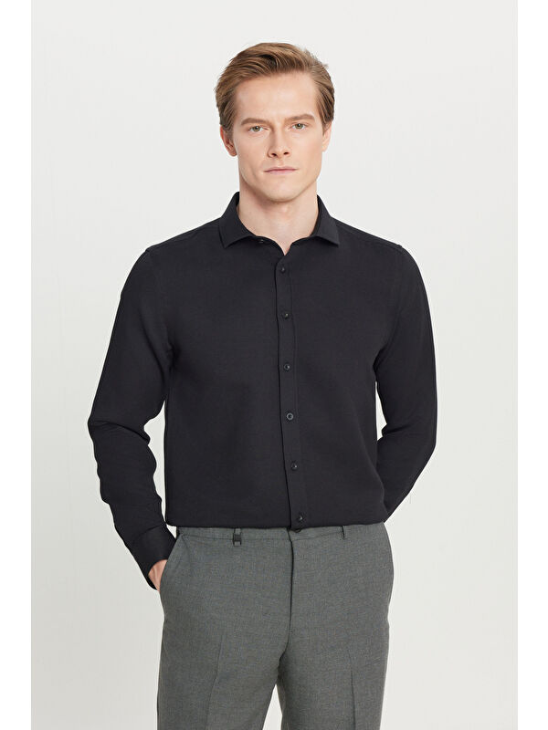 Altınyıldız Classics Erkek Siyah Pamuklu Tailored Slim Fit Dar Kesim Küçük İtalyan Yaka Armürlü Gömlek
