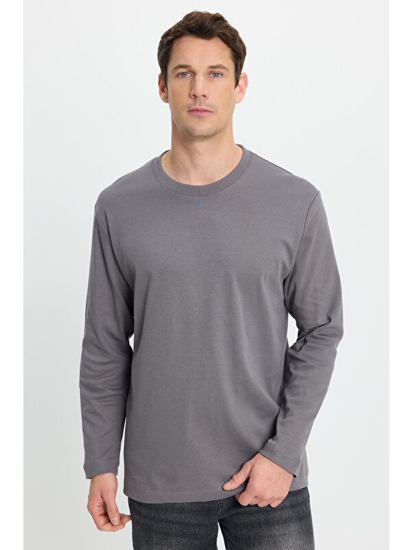 TUDORS Unisex Relax Fit Rahat Kesim %100 Pamuk Uzun Kollu Bisiklet Yaka Koyu Gri Basic Tişört