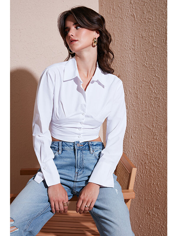 Lela Fitted Fit Pamuklu Korse Detaylı Uzun Kollu Crop Gömlek 611GO00376