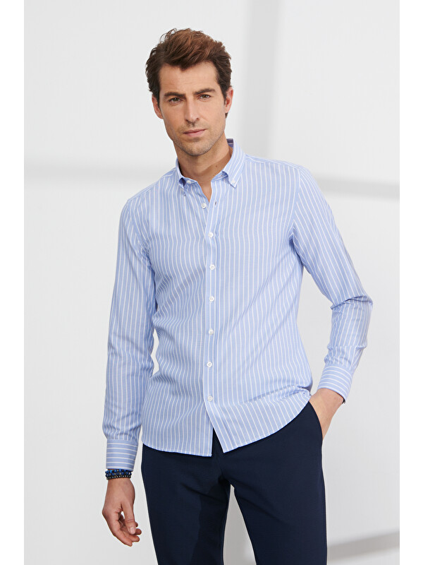 Altınyıldız Classics Erkek Mavi-Beyaz Tailored Slim Fit Dar Kesim Düğmeli Yaka Çizgili Oxford