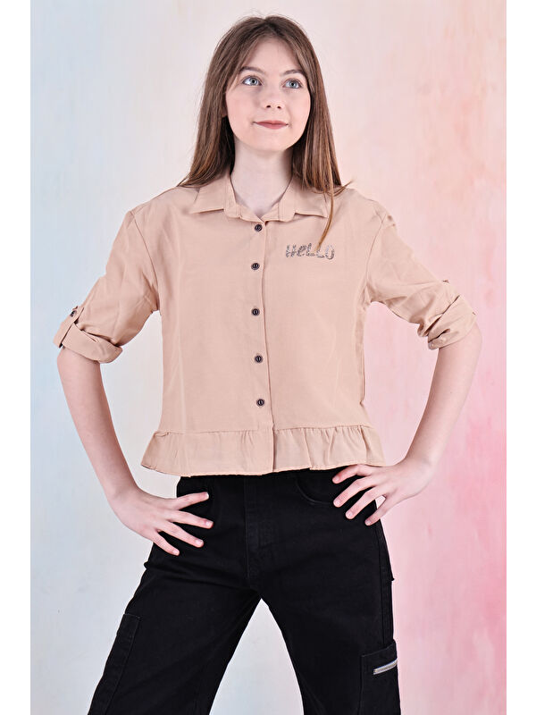 Modanino Kız Çocuk Bel Detaylı-Taş Baskılı Crop Gömlek 6-15 Yaş 12254