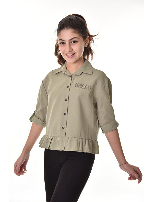 Modanino Kız Çocuk Bel Detaylı-Taş Baskılı Crop Gömlek 6-15 Yaş 12254