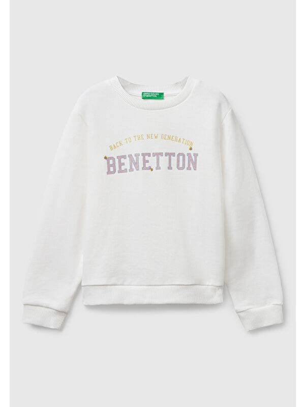 United Colors Of Benetton Kız Çocuk Ekru Önü Simli Logo Baskılı Nervürlü Regular Fit Sweatshirt