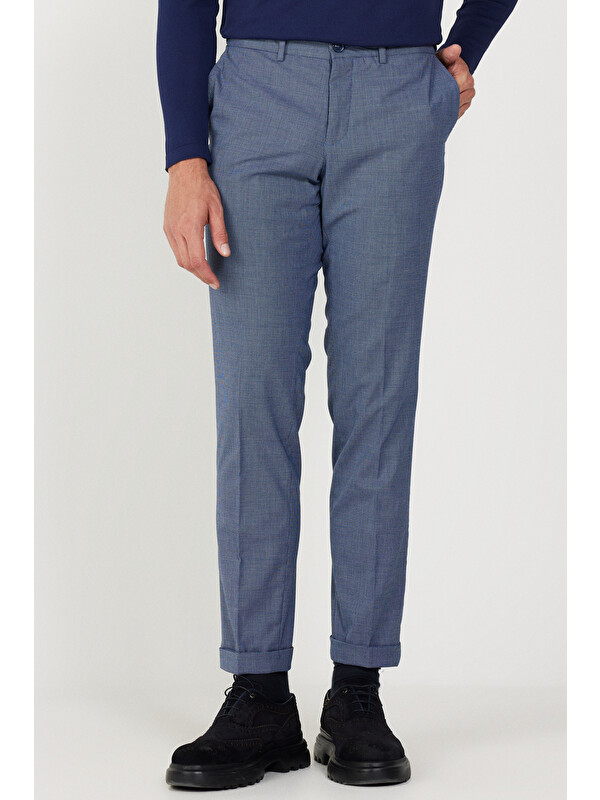 Altınyıldız Classics Erkek Lacivert Slim Fit Dar Kesim Yan Cepli Yünlü Desenli Beli Lastikli Pantolon