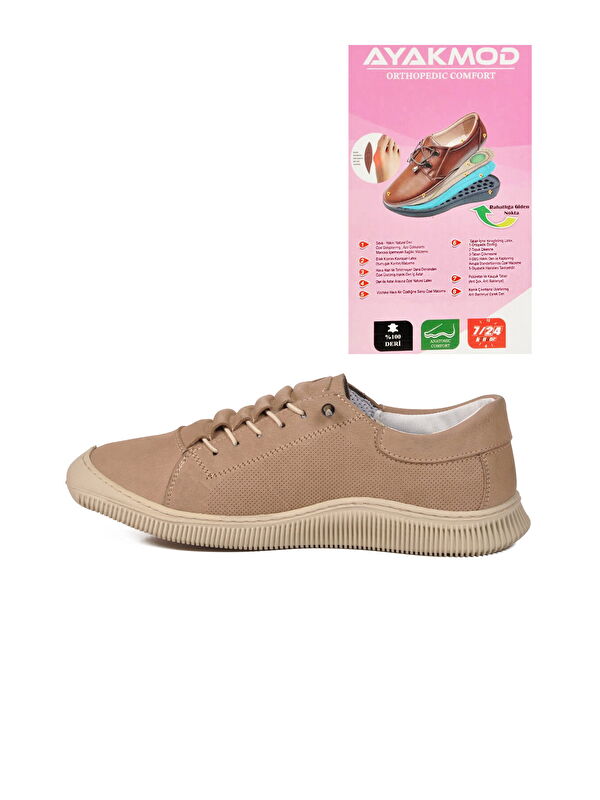 Ayakmod Bej Ayakmod Hakiki Deri Ortopedik Kadın Casual Ayakkabı 5605 Z
