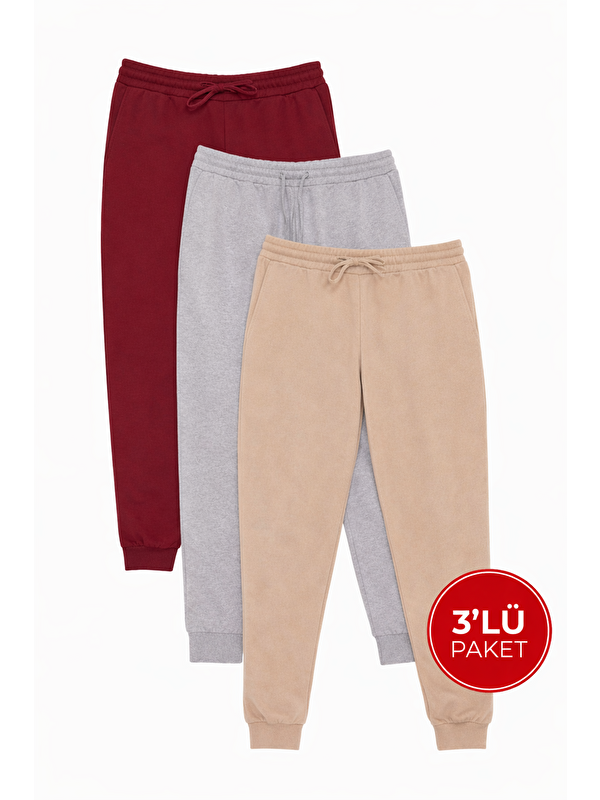 TUDORS Erkek 3'Lü Paket Bej-Gri-Bordo Regular Fit Beli Bağcıklı Jogger Cepli Lastikli Paça Eşofman Altı