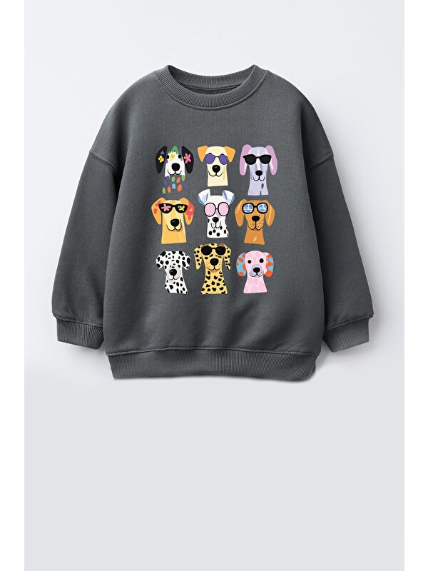 Monila Kız Çocuk 3 İplik Kumaş Pamuklu Köpek Baskılı Sweatshirt