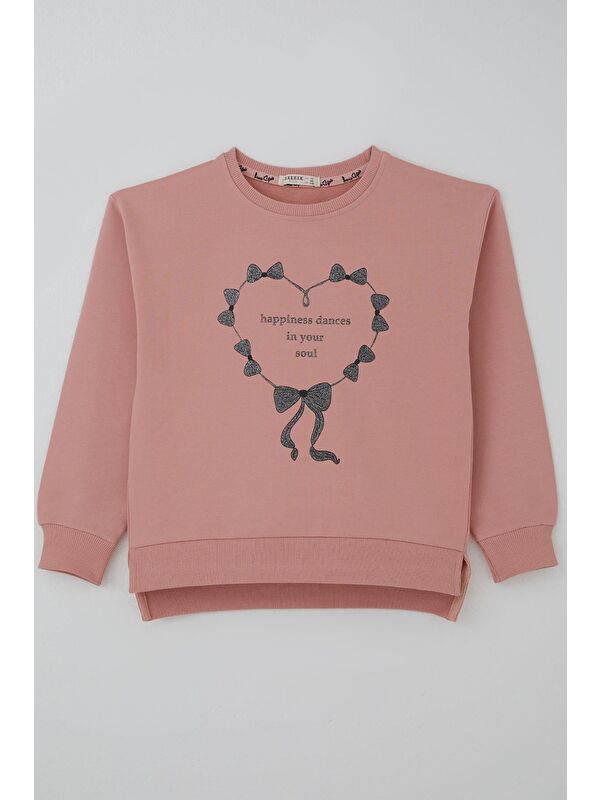 Breeze Kız Çocuk Sweatshirt Simli Kurdeleli Kalp Baskılı Gülkurusu (9-14 Yaş)