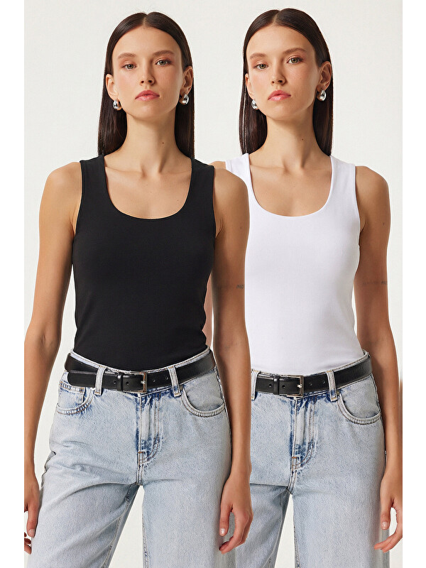 Happiness İstanbul 2’li Paket Basic Örme Bluz SİYAH BEYAZ LRN0011