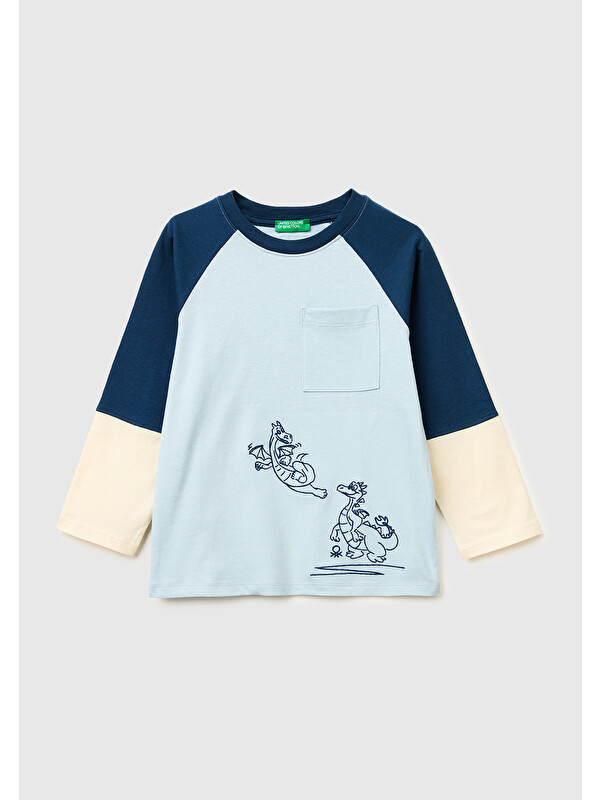 United Colors Of Benetton Erkek Çocuk Buz Mavisi Renk Bloklu Logo Etiketli Kontrast Yaka Uzun Kollu T-Shirt