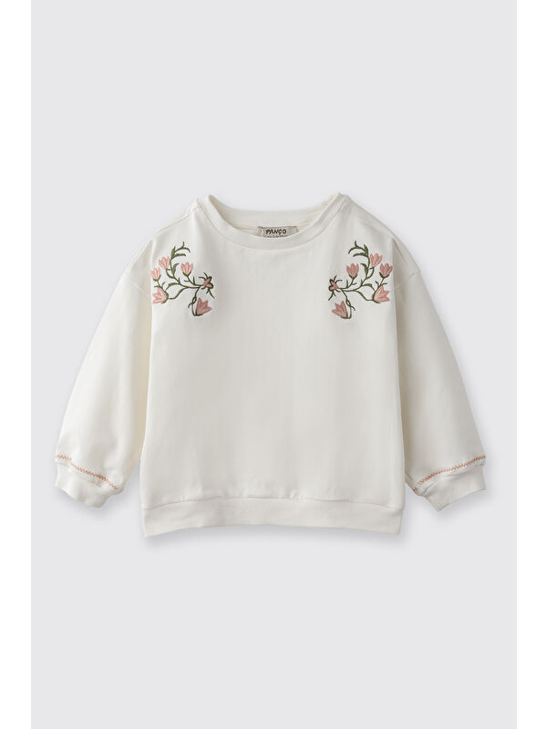 Panço Kız Bebek Nakış Detaylı Yumuşak Dokulu Ekru Sweatshirt
