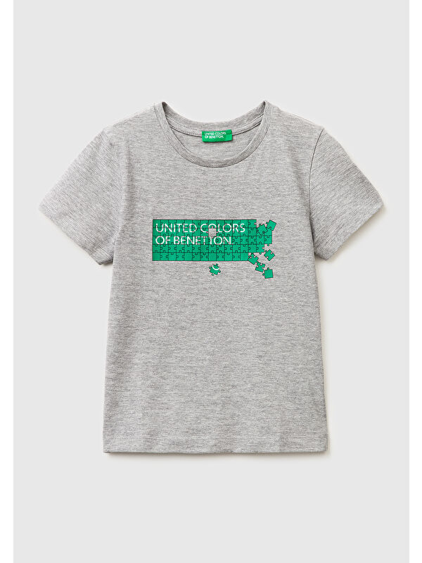 United Colors Of Benetton Erkek Çocuk Gri melanj Önü Logo Baskılı Yuvarlak Yaka T-Shirt