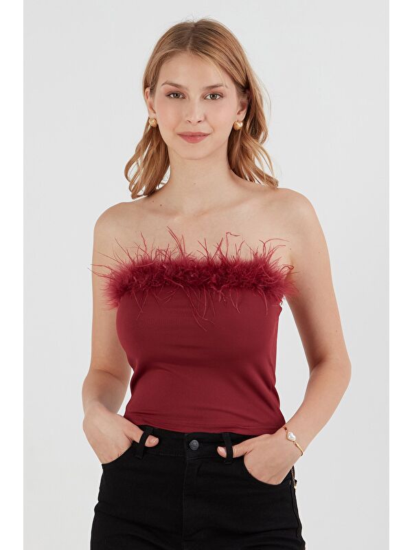 Fullamoda Basic Tüylü Straplez Crop Bluz