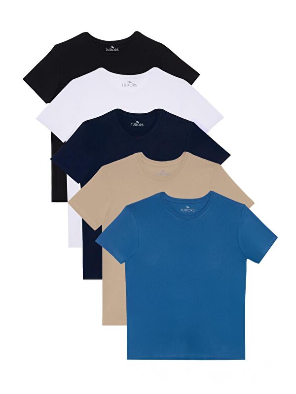 TUDORS Unisex 5'Li Pkt Siyah-Beyaz-Lacivert-Vizon-Mavi Slim Fit Dar Kesim %100 Pamuk Bisiklet Yaka Tişört