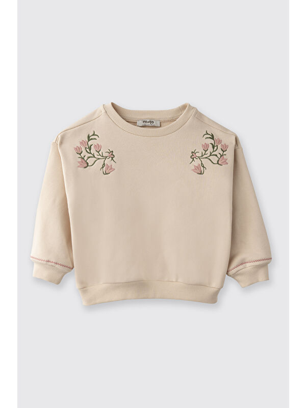 Panço Kız Bebek Nakış Detaylı Yumuşak Dokulu Bej Sweatshirt