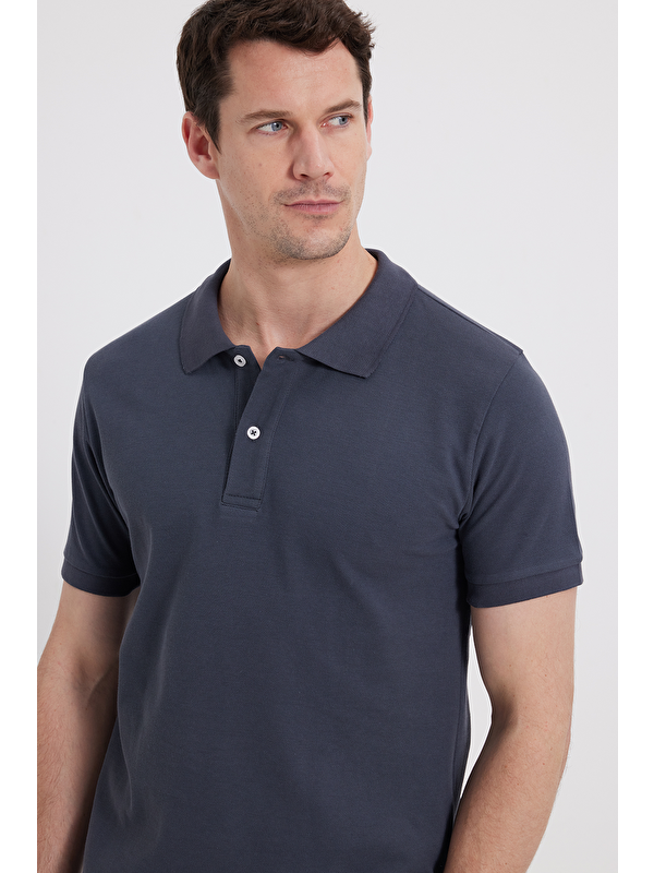 TUDORS Erkek Slim Fit Dar Kesim %100 Pamuk Koyu Gri Polo Yaka Tişört