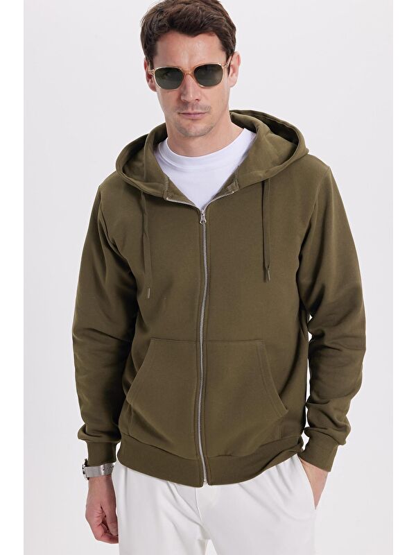 TUDORS Unisex Relax Fit Rahat Kesim Pamuklu İçi Polarlı Çift Cepli Tam Fermuarlı Haki Kapüşonlu Sweatshirt