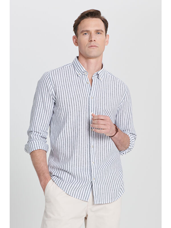Altınyıldız Classics Erkek Beyaz-Haki Slim Fit Dar Kesim Düğmeli Yaka Çizgili Keten Gömlek