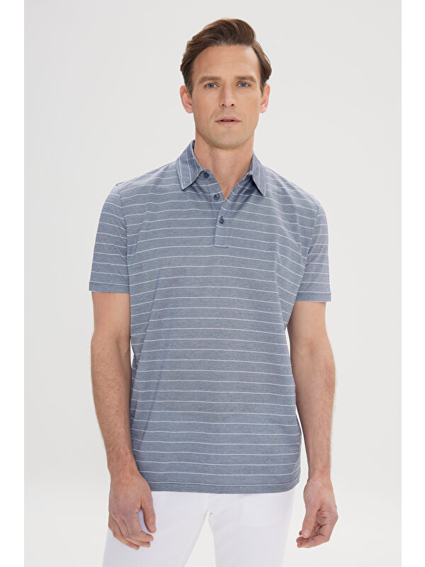 Altınyıldız Classics Erkek Lacivert-Ekru Regular Fit Rahat Kesim %100 Pamuk Çizgili Polo Yaka Tişört